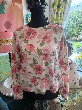 CeCe Pink and Green Floral Crewneck Sweater